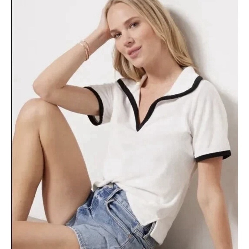Evereve Terry Cloth Contrast Trim Polo Top‎ White XL Retro Split Neck Preppy